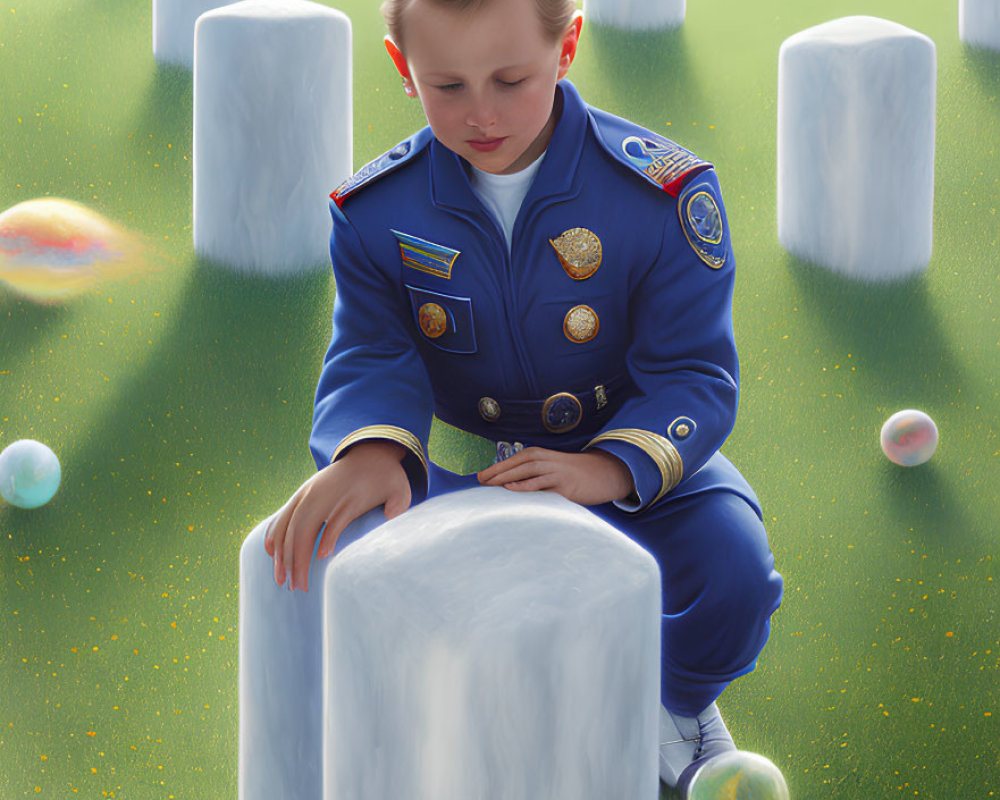 Young Boy in Blue Astronaut Uniform Examining White Stone in Field with Floating Bubbles