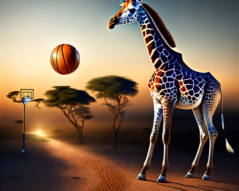 Stylish Giraffe with Hat and Glasses Playing Basketball at Sunset