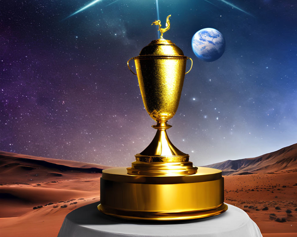 Golden trophy on draped pedestal in surreal desert landscape with star-streaked sky and oversized Earth.