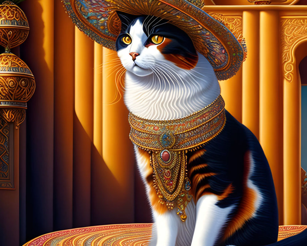 Regal cat in sombrero on ornate background