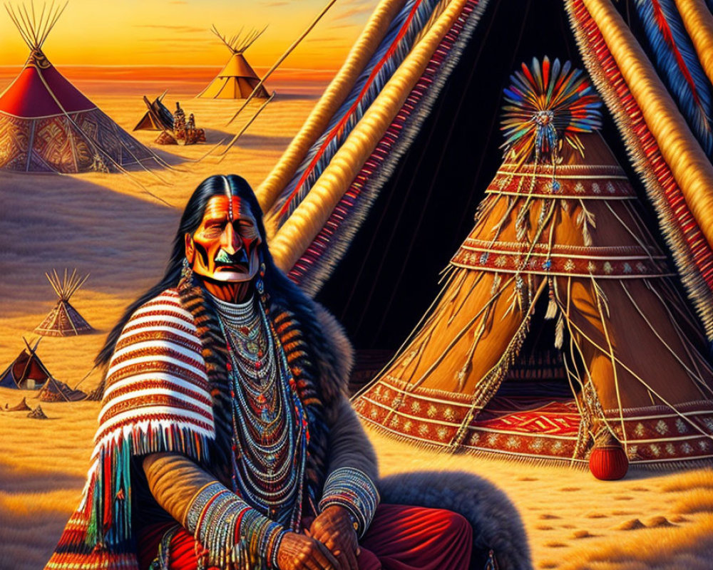 Native American in traditional attire by teepees at sunset on prairie