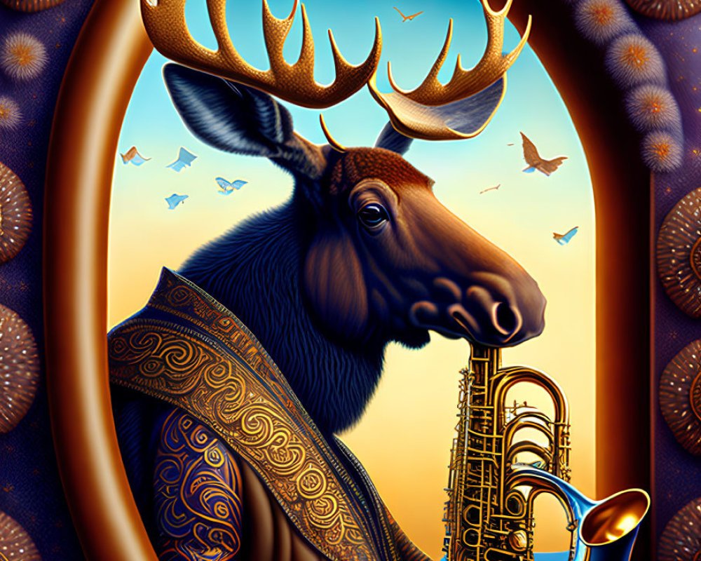 Surreal moose illustration playing saxophone with ornate jacket