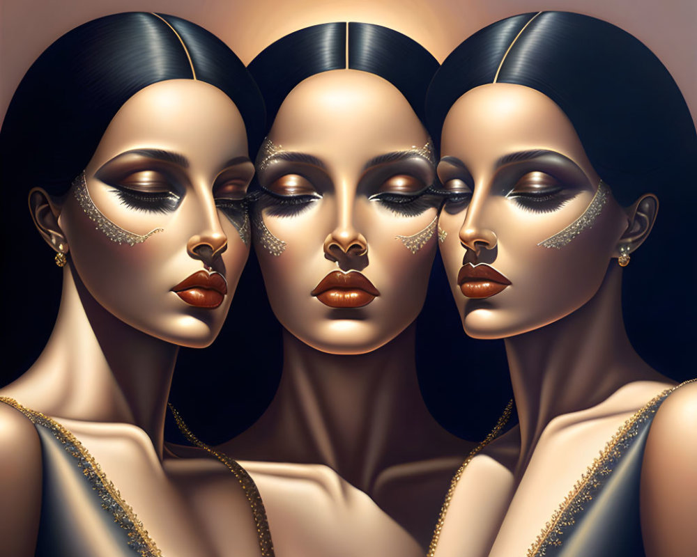 Symmetrical portrait of three women with elegant makeup and golden accessories