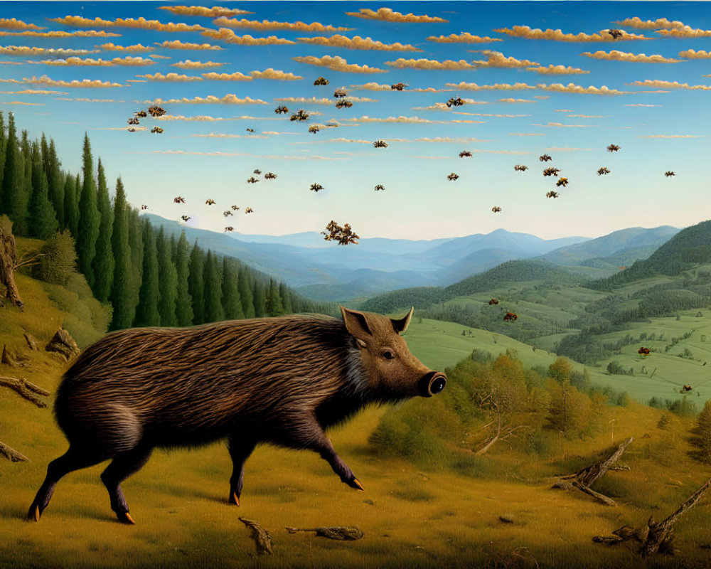 Wild boar in foreground with rolling hills, forest, and sky with birds