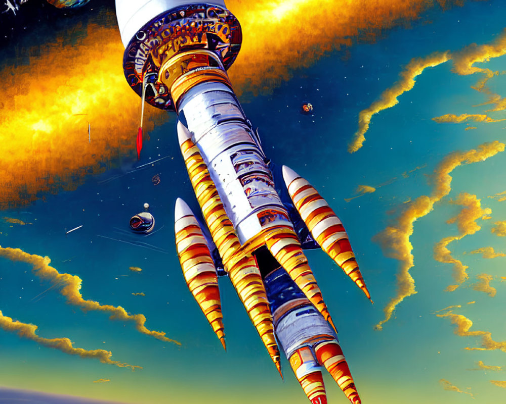 Colorful retro-futuristic rocket flying through starry sky and planets