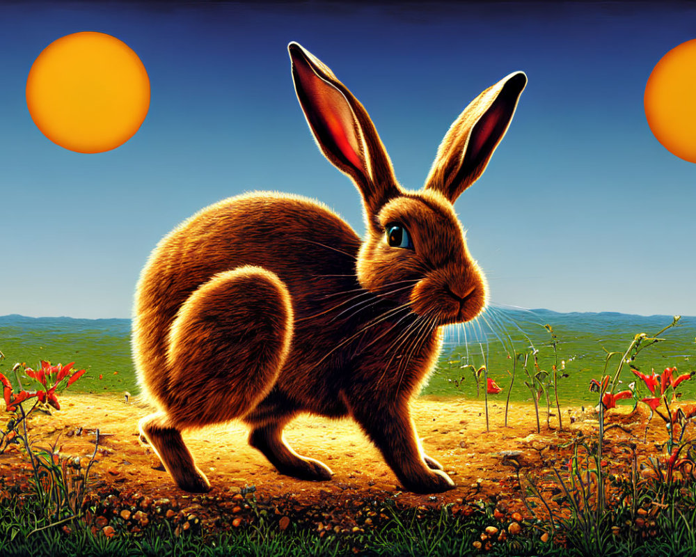 Colorful Field Rabbit Illustration with Two Suns