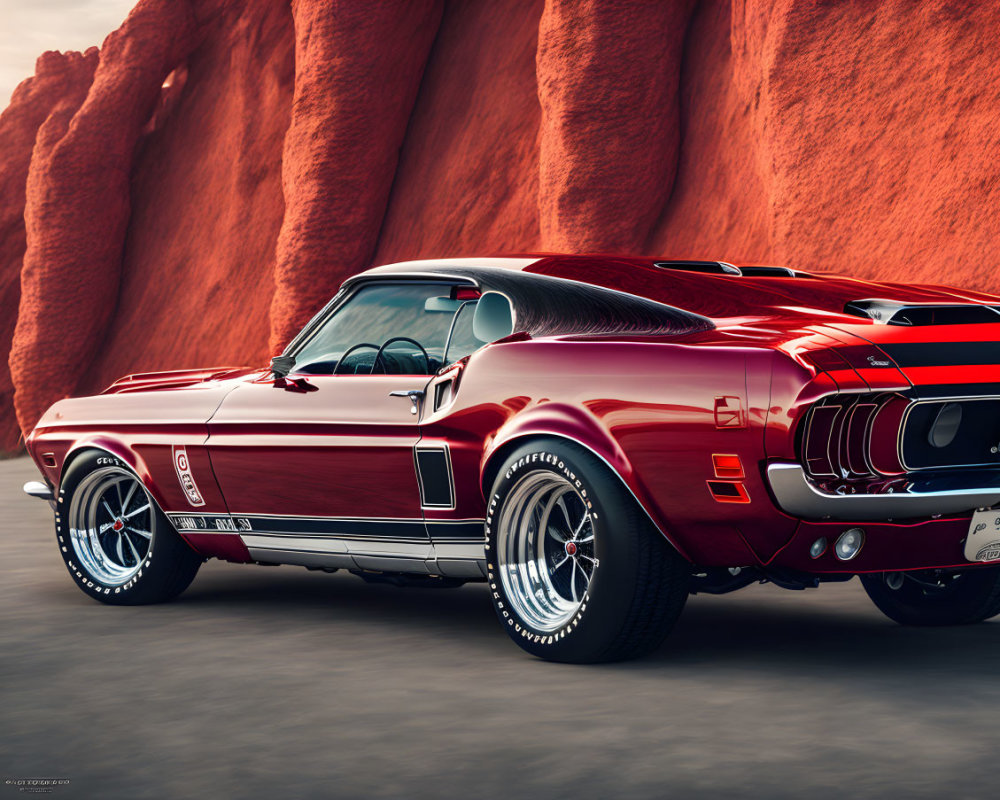 Vintage Red Mustang Shelby GT500 with White Stripes by Red Rocky Cliff