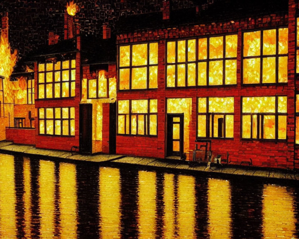 Vivid painting of a building with glowing windows reflecting on water