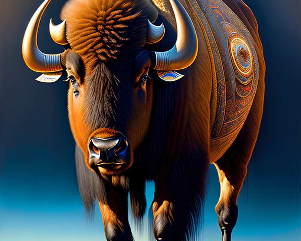 Stylized bison illustration with ornate patterns in sunset landscape