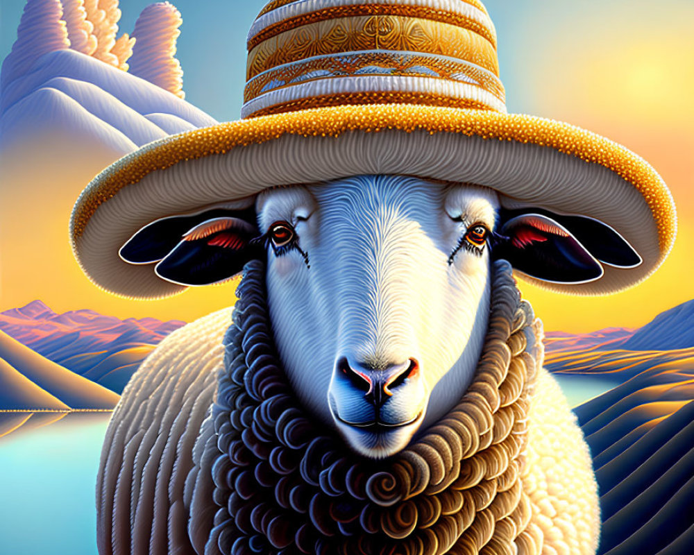 Surreal sheep illustration with straw hat in stylized landscape