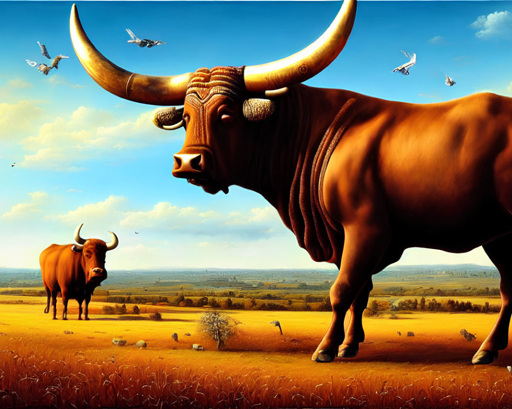 Surreal landscape featuring central bull with elongated horns, smaller bulls, and birds in autumn field