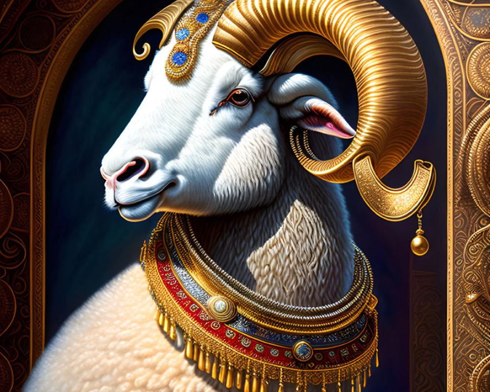 Intricately designed ram with golden jewelry on dark background