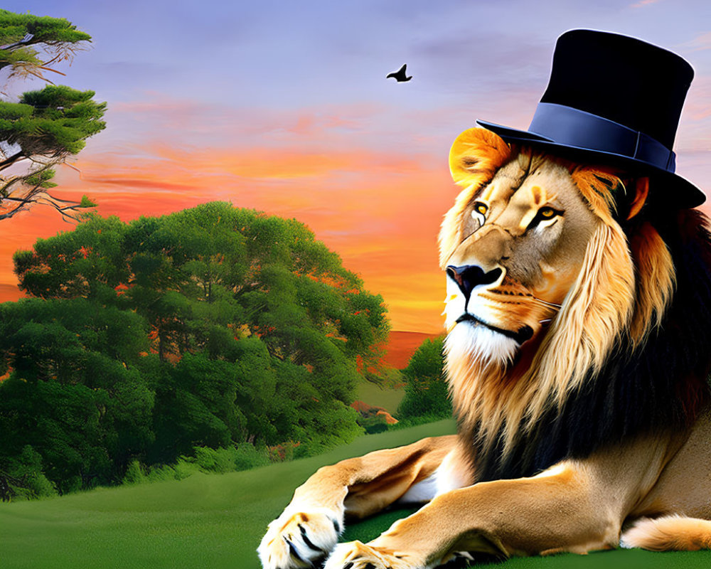 Majestic lion in top hat rests in field at sunset