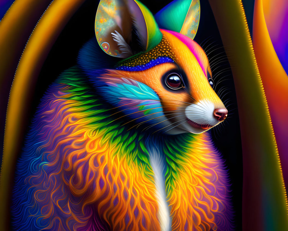 Colorful illustration: Fantastical mouse-like creature with rainbow fur and iridescent ears in dream