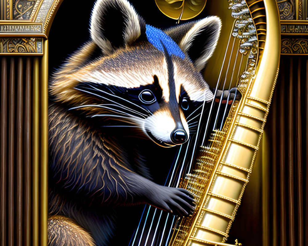 Raccoon in Blue Hat Playing Golden Harp on Ornate Dark Background