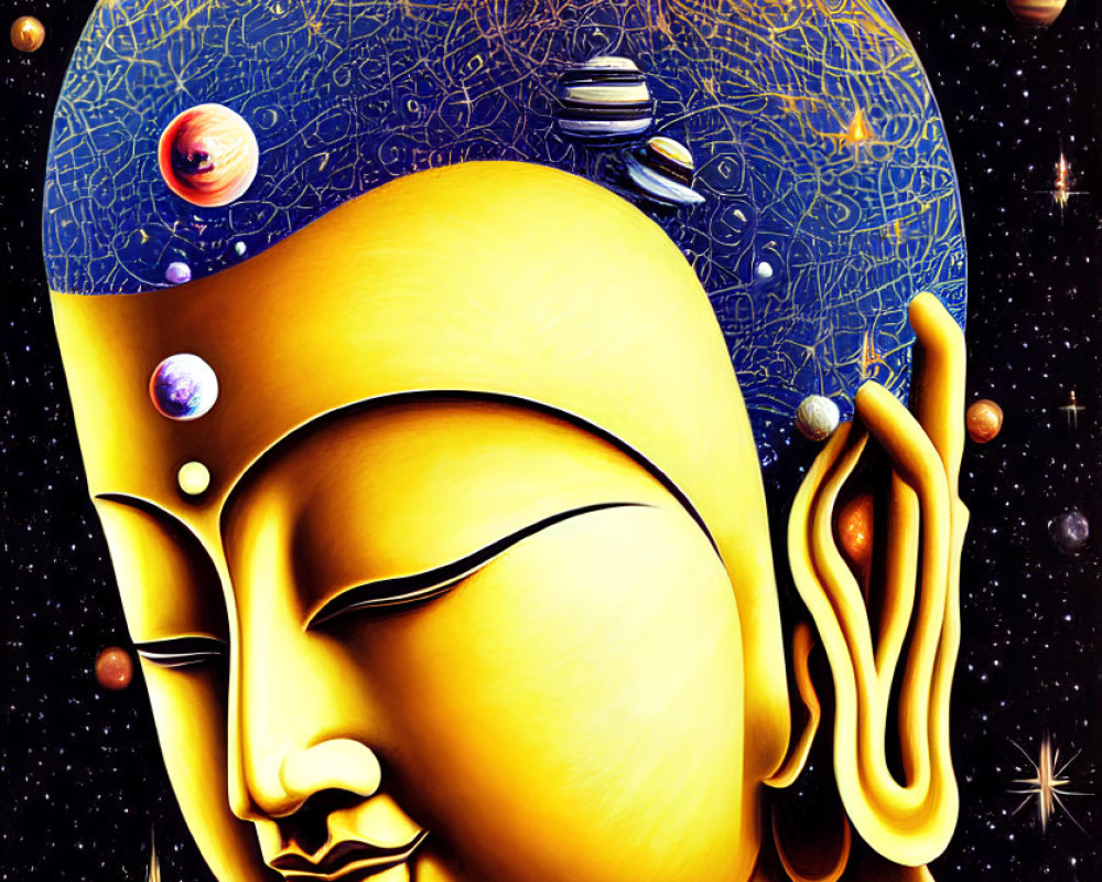 Cosmic-themed Buddha illustration with planets and stars.