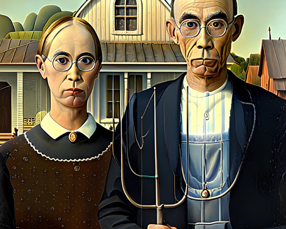 Portrait of stern couple with pitchfork in front of farmhouse