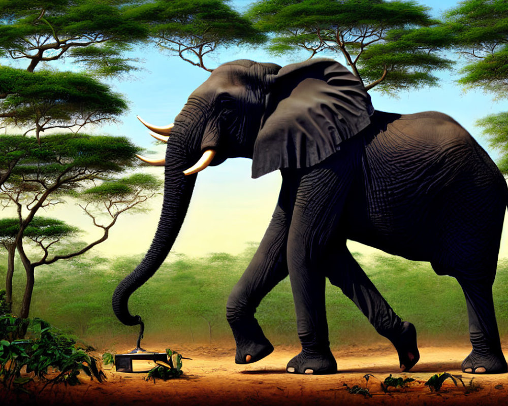 Elephant in savanna landscape with sparse trees and car