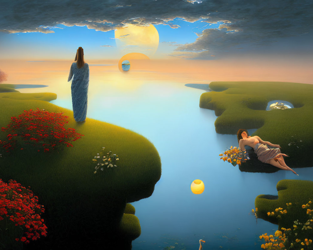 Surreal landscape with floating islands, women, lush flora, orbs, and sunset