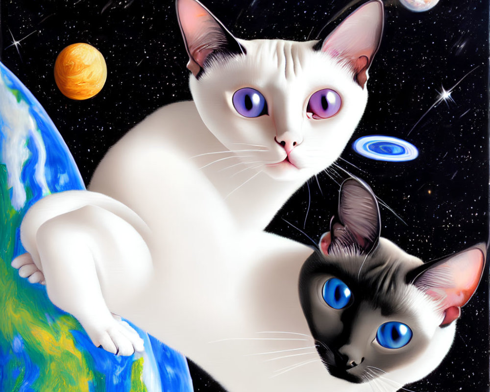 Stylized black and white cats against cosmic backdrop