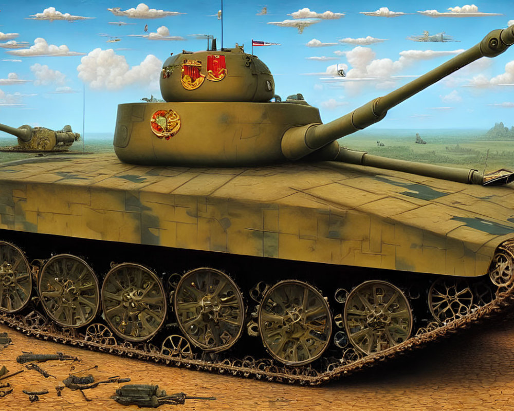 Military tanks in desert painting with blue sky and aircraft.