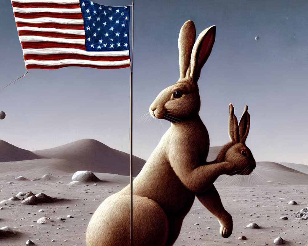 American flag on moon-like landscape with giant surreal rabbit and smaller one