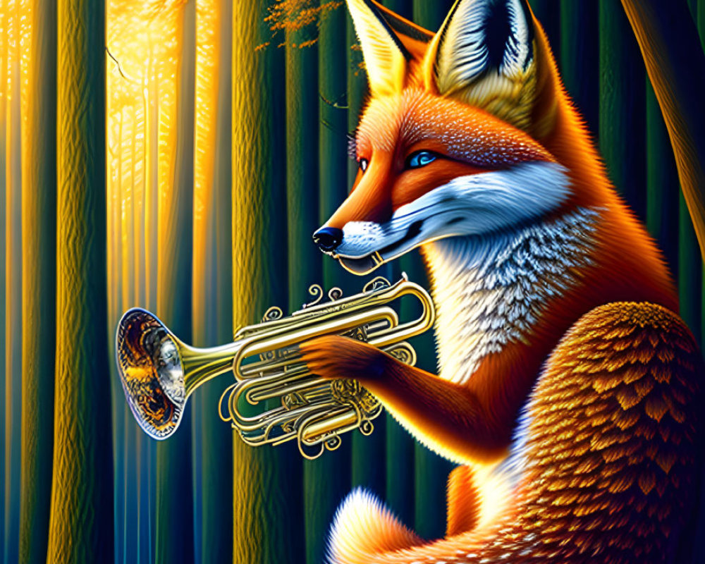 Colorful Fox Playing Trumpet in Forest Scene