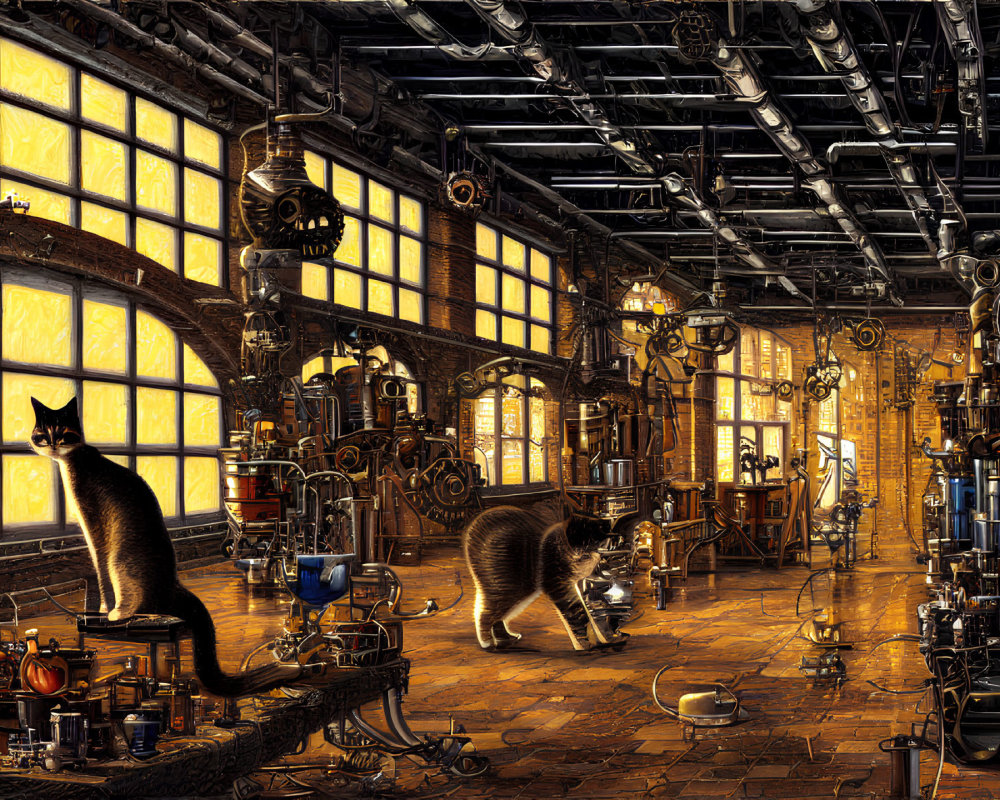 Steampunk-style room with glowing windows and cats among intricate machinery