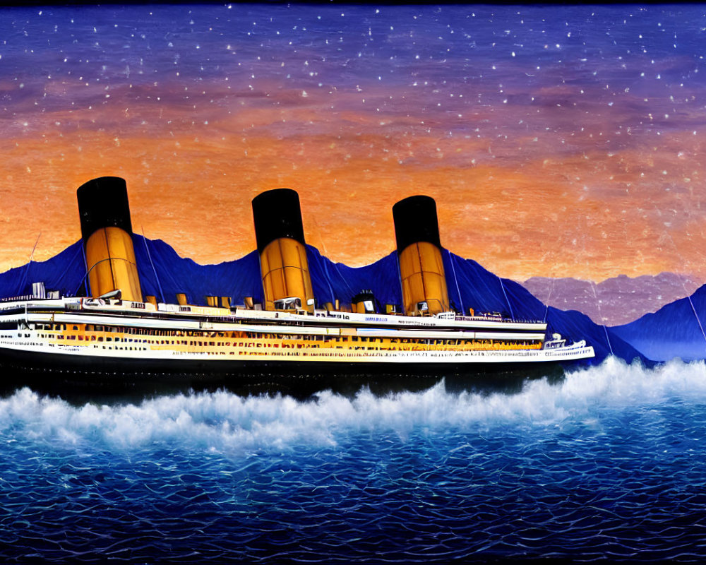 Vintage ocean liner with three black-and-yellow funnels sailing at sunset.