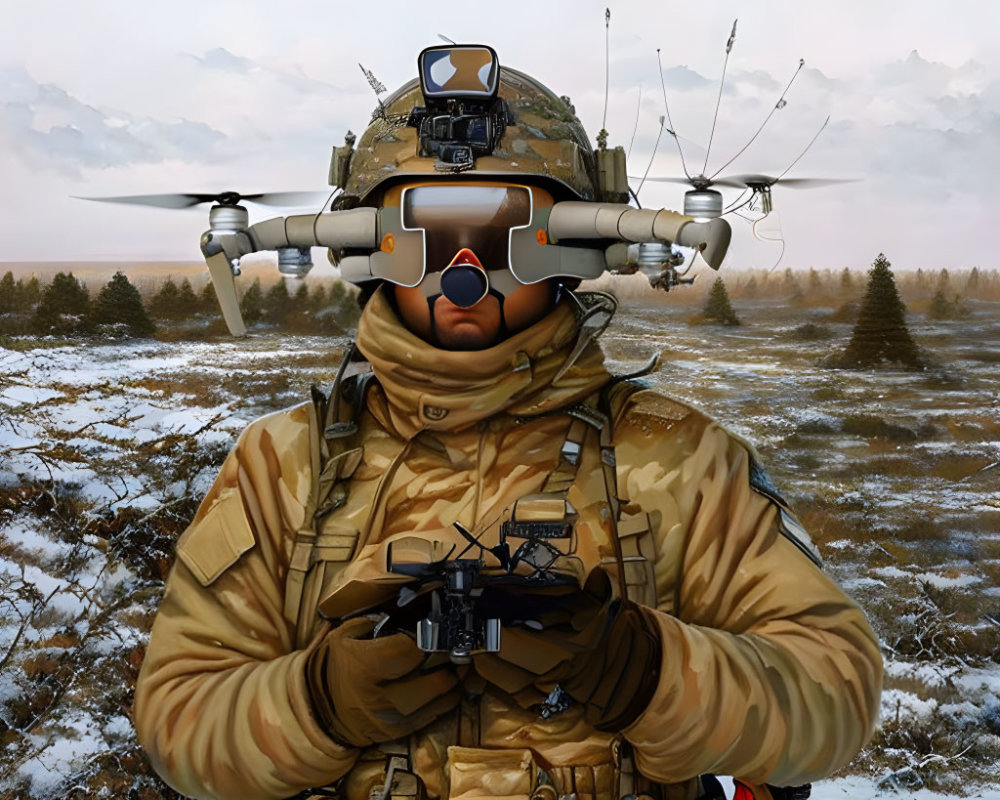 Camouflaged soldier with drone remote in snowy wilderness