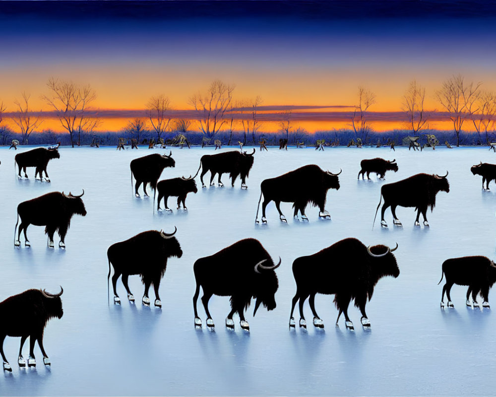 Bison herd on snowy landscape at dusk with orange and blue sky