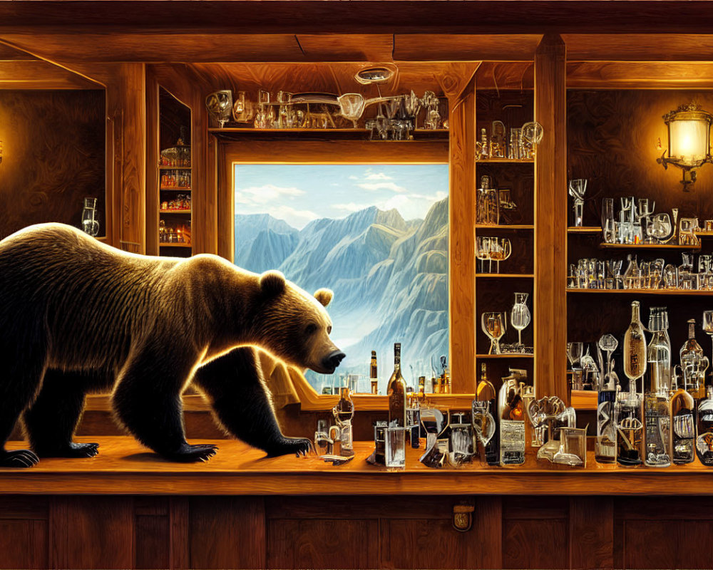 Bear walking on bar counter with bottles and mountain view