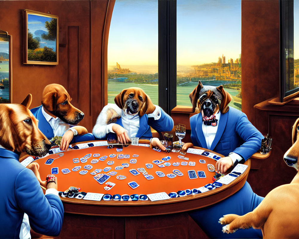 Dogs in suits playing poker with city and nature views