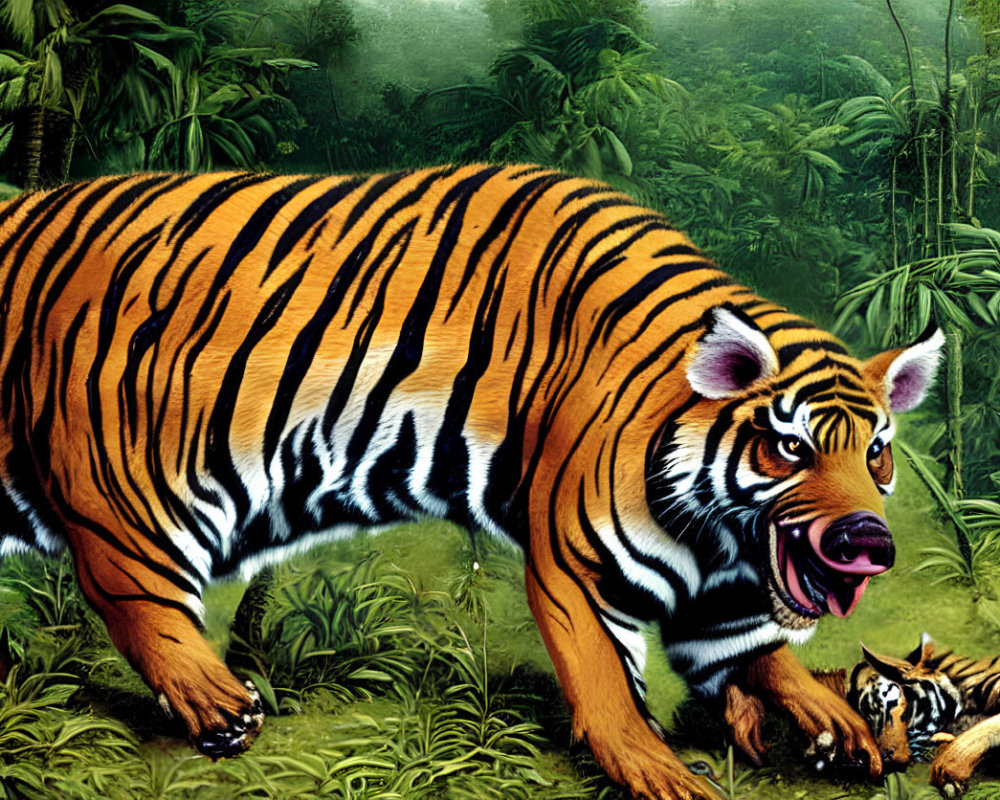 Tiger and Cub in Lush Jungle Scene