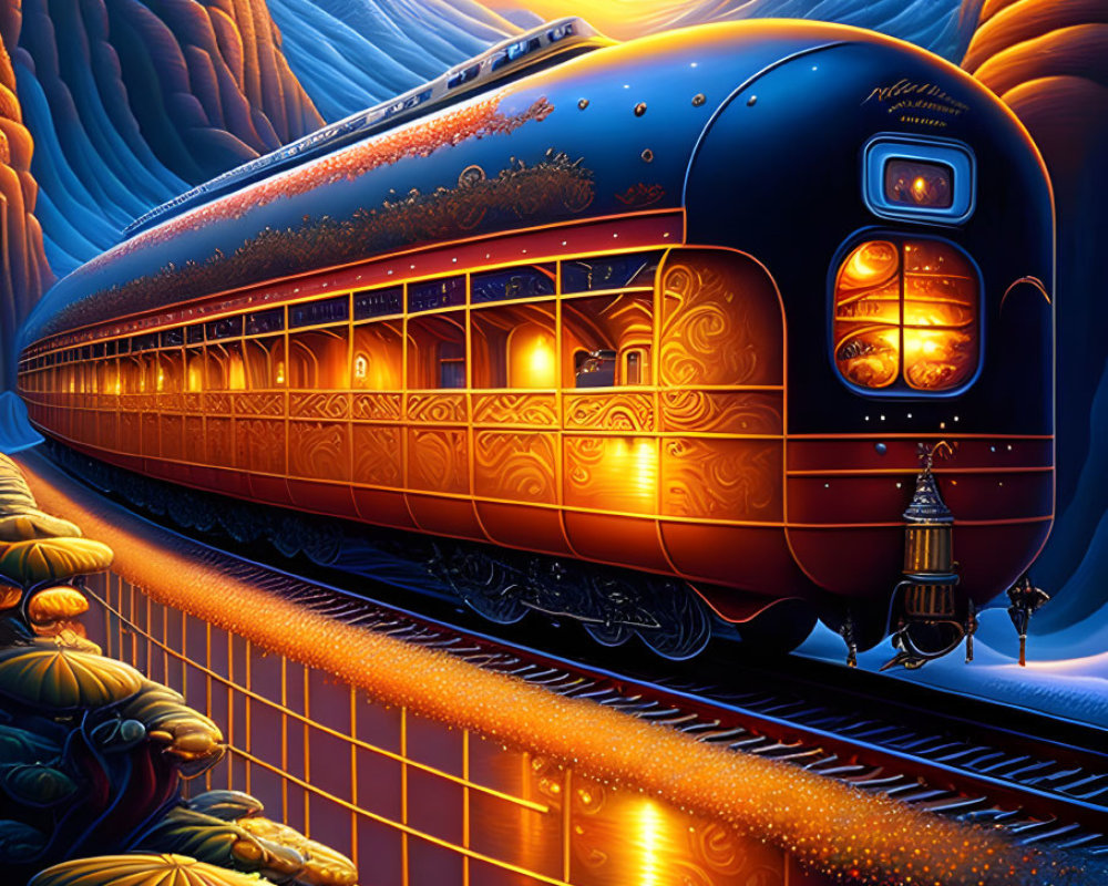 Ornate blue train in surreal vibrant landscape