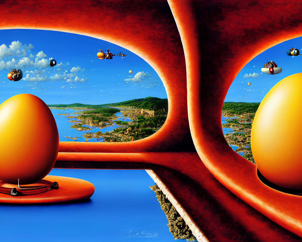 Surreal landscape with blue skies, clouds, flying machines, orange arches, golden eggs