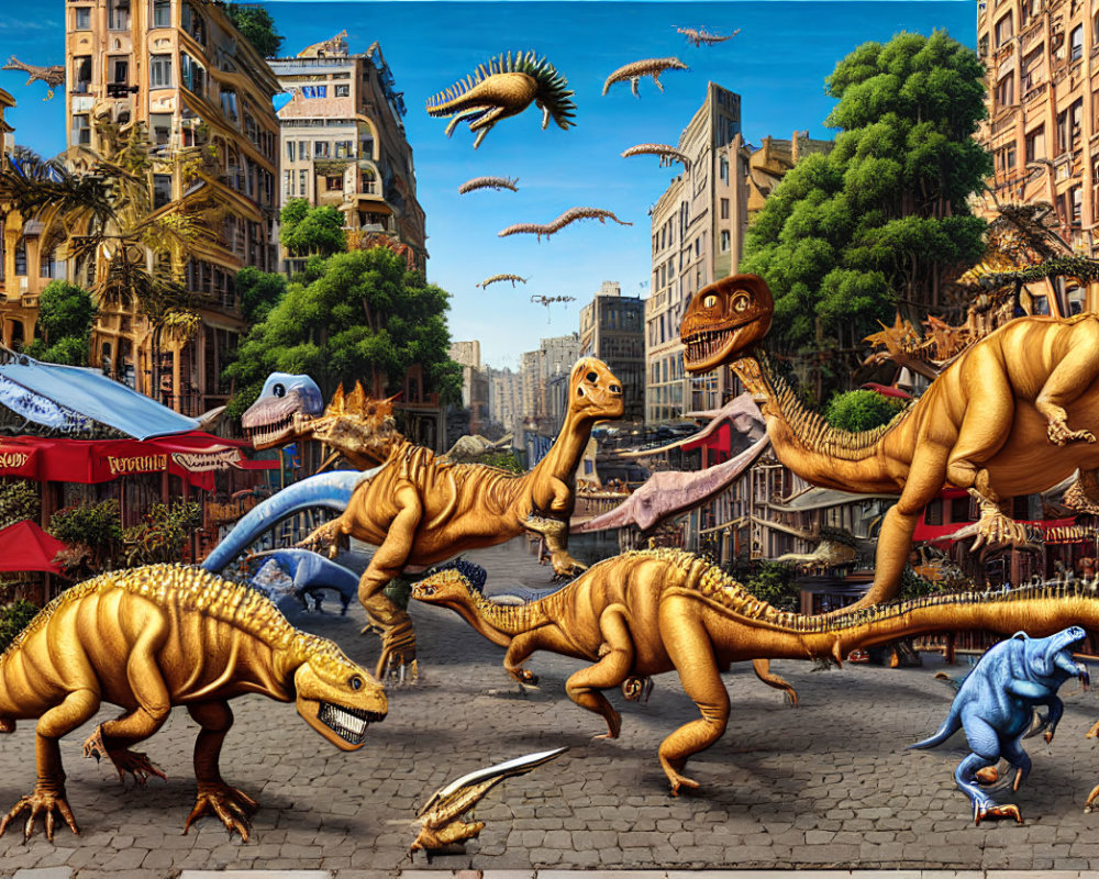 Surreal city scene with roaming dinosaurs and abandoned urban buildings