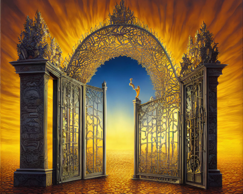 Ornate open gates framing a silhouetted figure under an orange sky