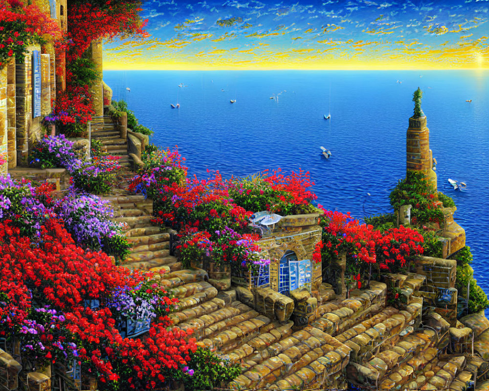 Colorful Coastal Garden at Sunset with Flowers, Pathways, Birds, Sea View, Boats,