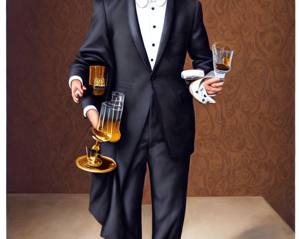 Anthropomorphic dog in tuxedo with champagne tray