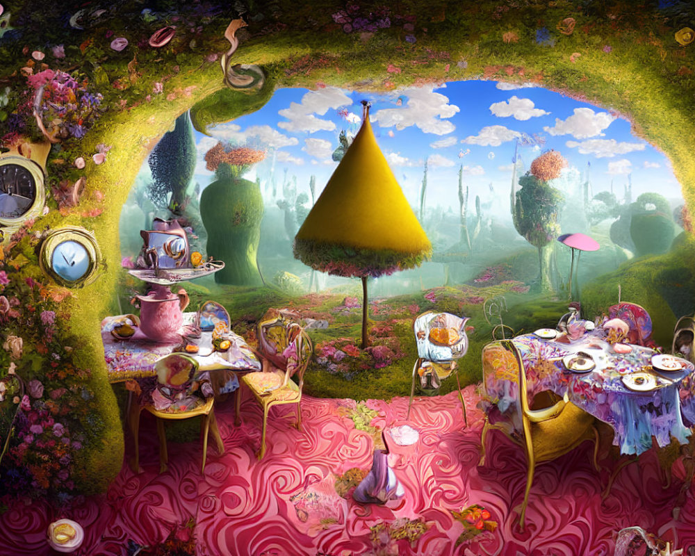 Colorful Alice in Wonderland tea party in lush garden with oversized flowers, teapots, and tree