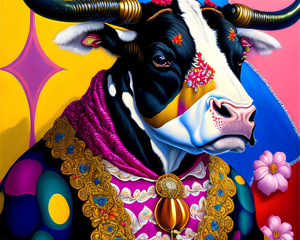 Colorful Cow Illustration with Flowers and Jewelry on Geometric Background