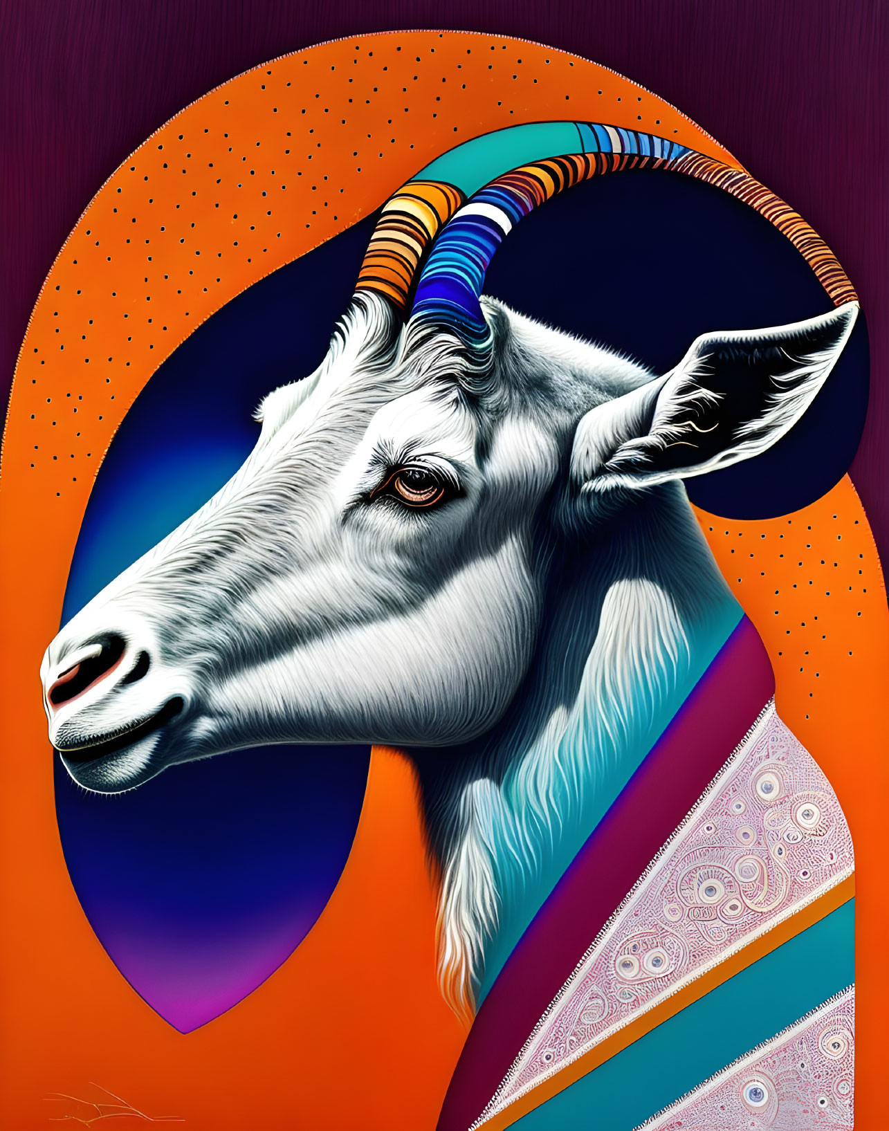 Colorful Goat Illustration with Multicolored Horn on Purple Background