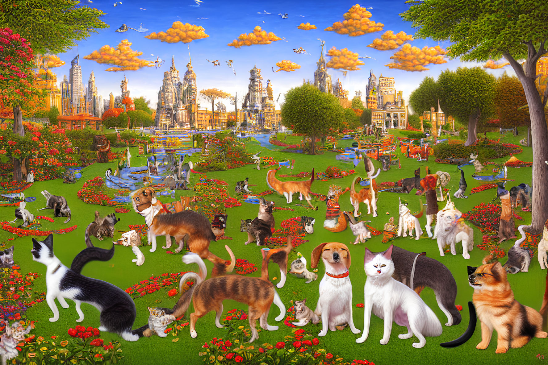 Colorful Cats and Dogs in Whimsical Garden Scene