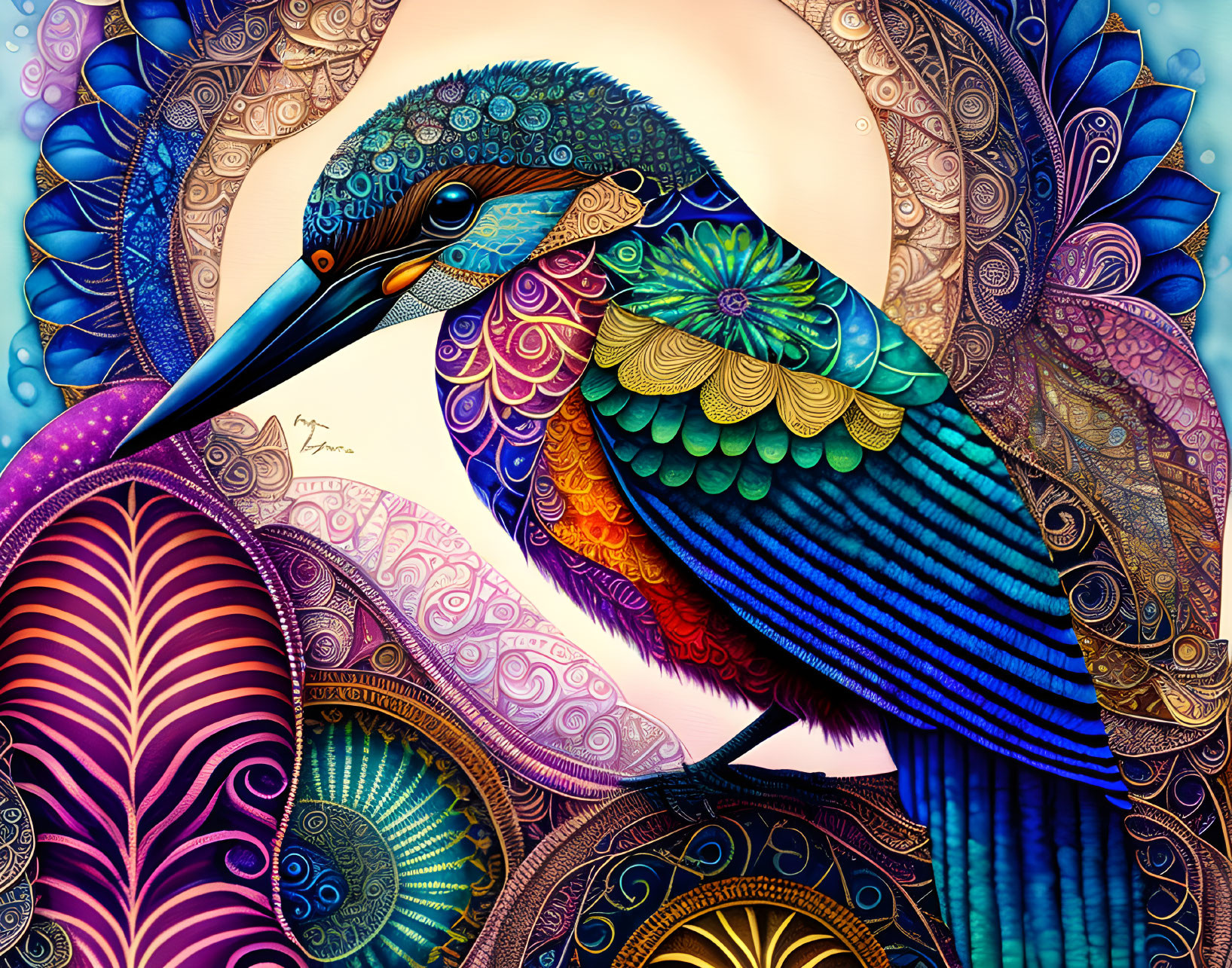 Colorful Stylized Bird Artwork with Intricate Patterns and Mandala Background