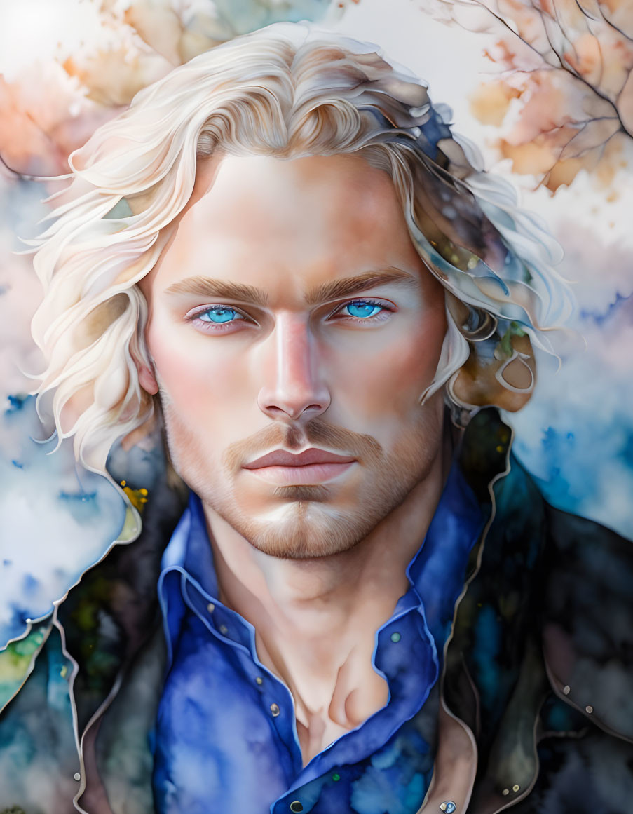 Illustration of man with blue eyes and blonde hair in blue shirt amid soft-hued flowers