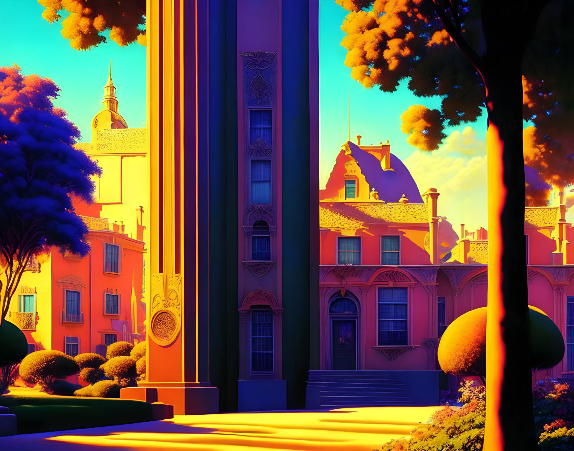 Cityscape illustration with European architecture in golden sunset light