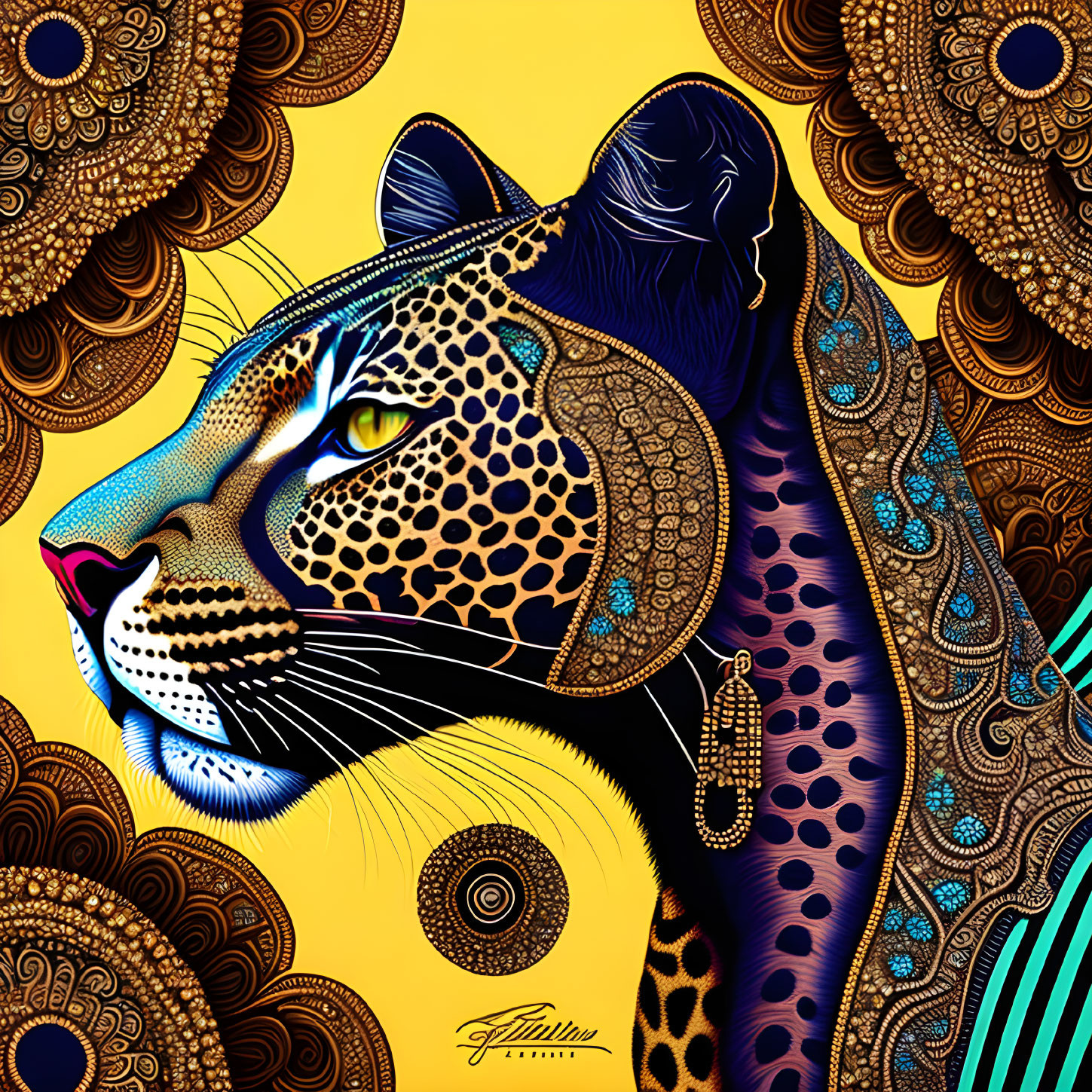 Colorful Leopard Head Artwork with Paisley Patterns on Yellow Background