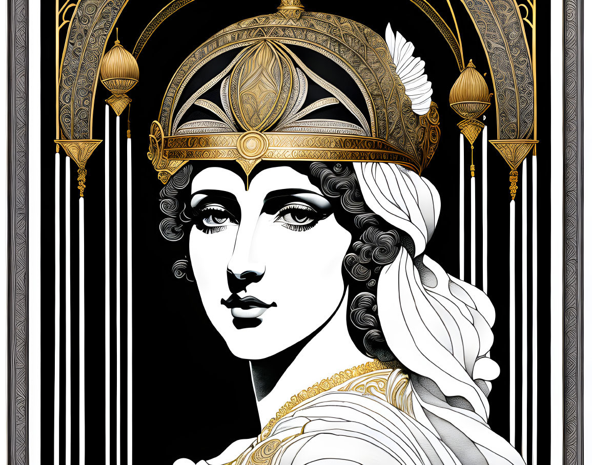 Illustration of woman with decorative crown in black, white, and gold tones