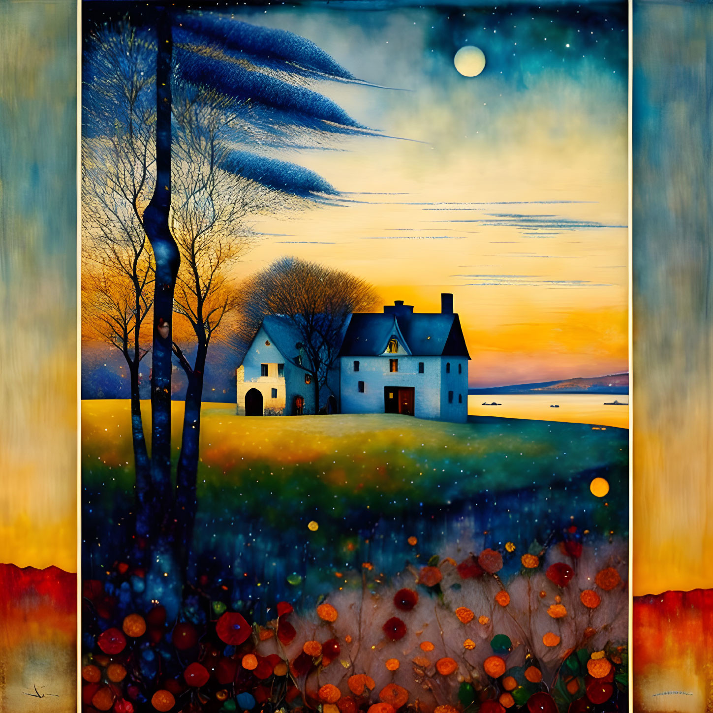 Colorful painting of pastoral house at dusk with glowing flowers and surreal sky